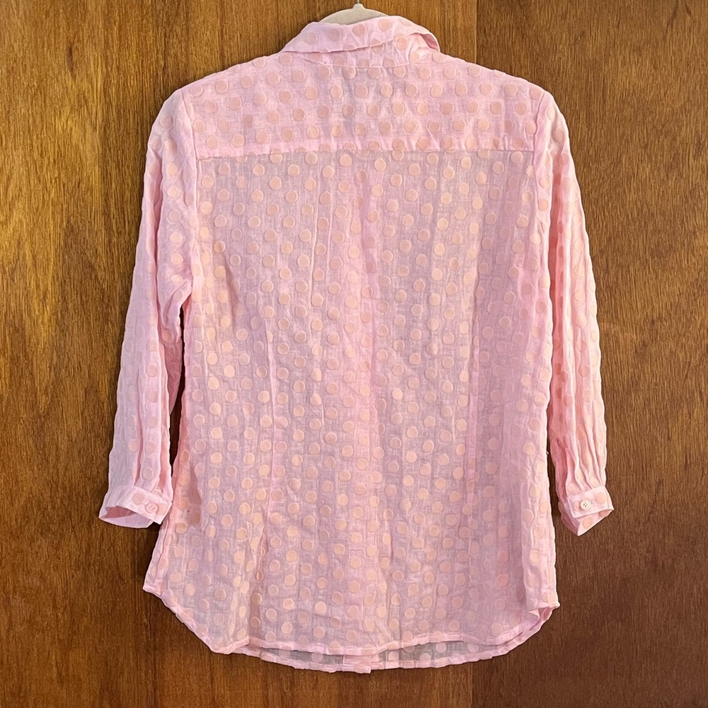 ISAAC MIZRAHI LIVE! Pale Pink Lightweight Ruffled Polka Dot Shirt Sz S - Picture 2 of 5